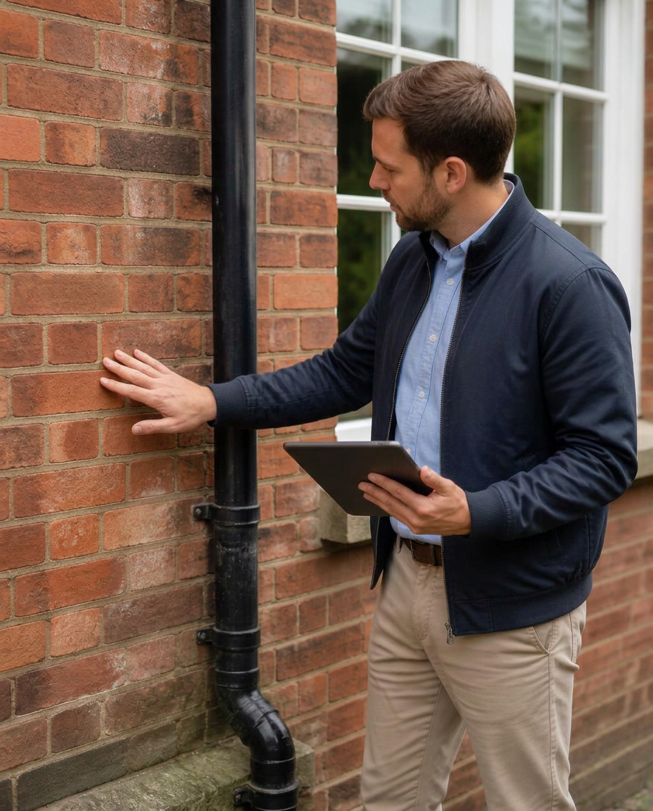 Surveyor inspecting roof and brickwork of a period property